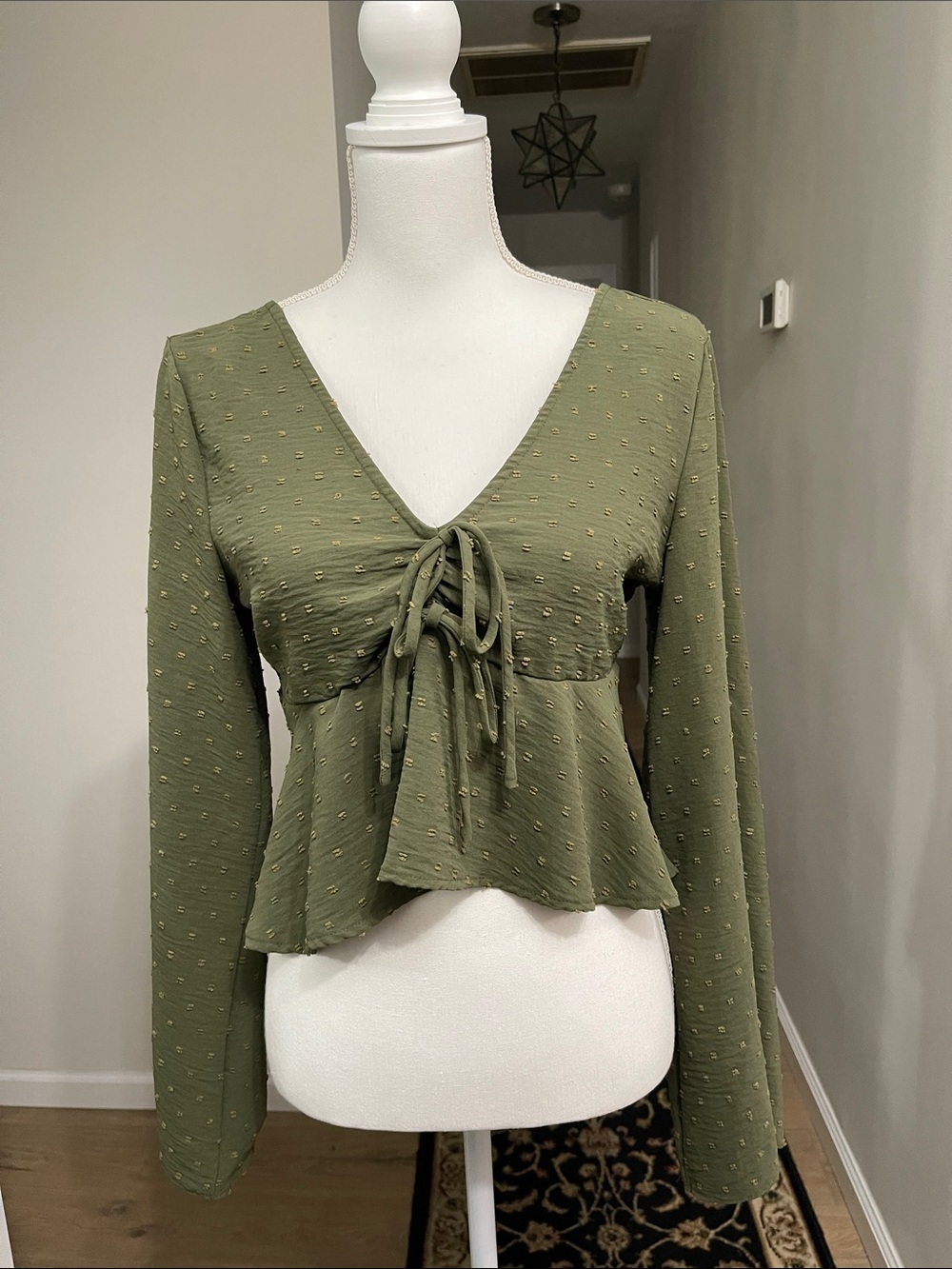 Altar’d State Swiss Dot Tie Front CropTop Bell Sleeve olive green Y2K babydoll M